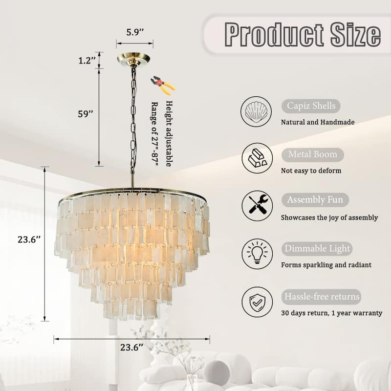 Elegant Coastal Tiered Capiz Shell Chandelier In Bronze Farmhouse Natural Seashell Light Fixtures For Dining Room