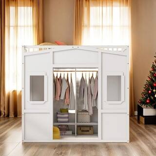 Elegant Design Twin Size House Loft Bed With Ladder and Wardrobe,Modern Multi-Functional Children's Bed