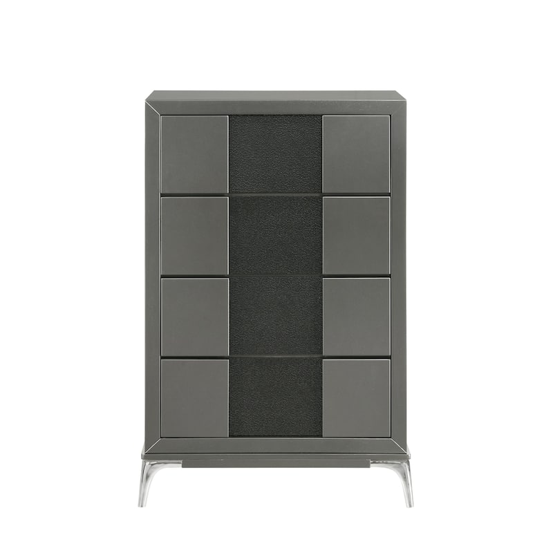 Rya 48 Inch Tall Dresser Chest, 4 Drawers, Gray Wood, Angled Chrome Legs