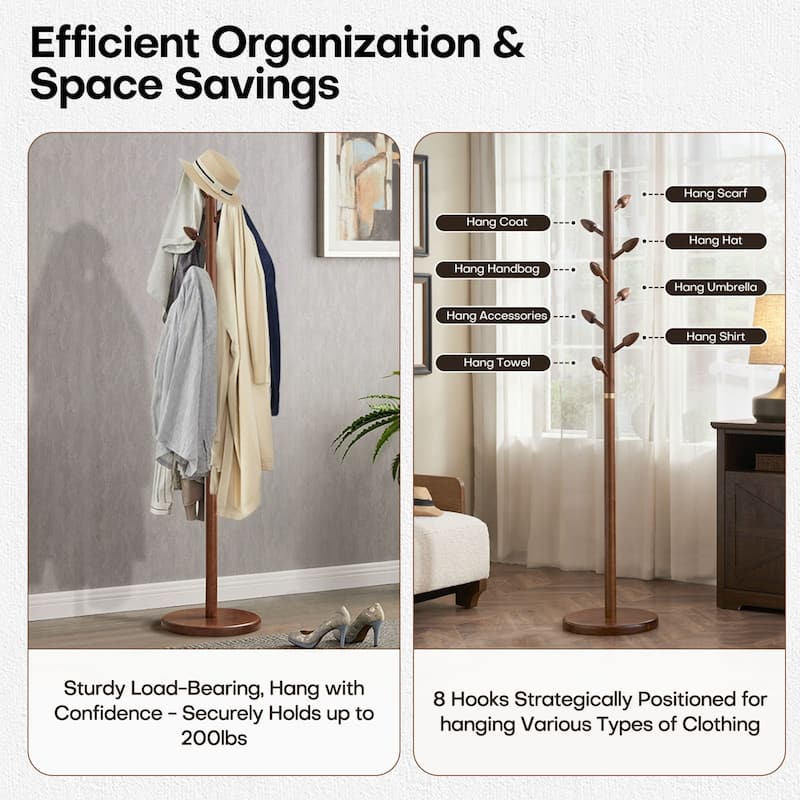 Rubberwood Freestanding Coat Rack, Coat Tree with 8 Bud-shaped Hooks - 15.75"Dia. x 72.44"H