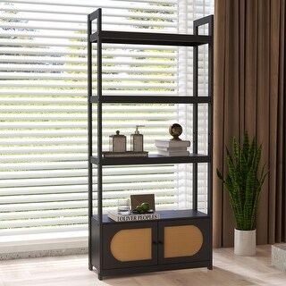 Cane Book Rack Wooden Woven Cane 4-tier Bookshelf Storage Rack Shelves with 2 Doors ...