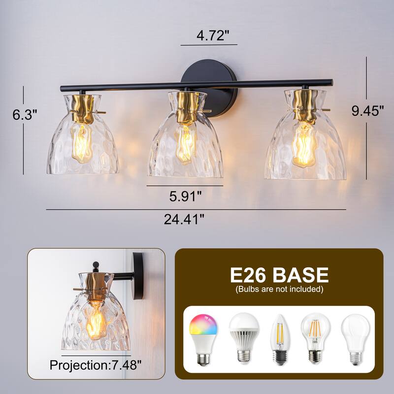 Starsky 3-Lights Modern Dimmable Hammered Glass Bathroom Vanity Light