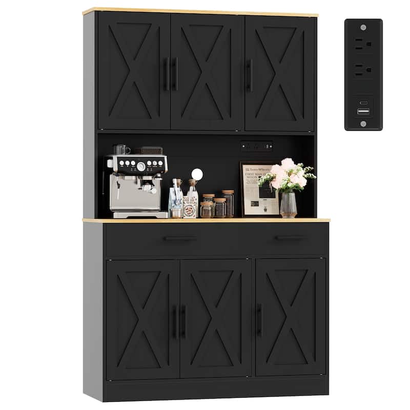 Kitchen Pantry Storage Cabinet with Outlets & USB Ports - N/A - Black
