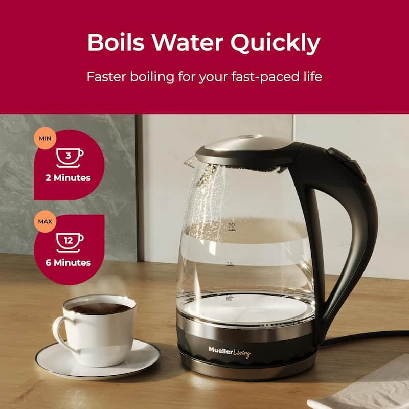 MuellerLiving Electric Glass Kettle 1.5L 1500W LED Light, Automatic Shut-Off with SpeedBoil Tech and Boil-Dry Protection - 1.5 L