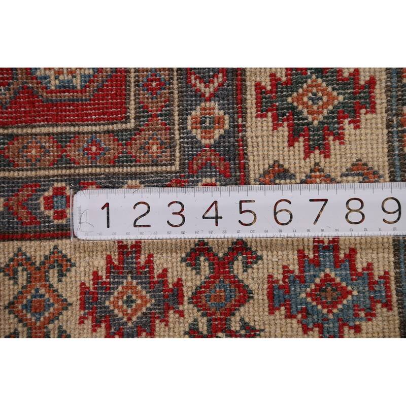 Red Geometric Kazak Oriental Rug Handmade Traditional Wool Carpet - 3'2" x 4'9"