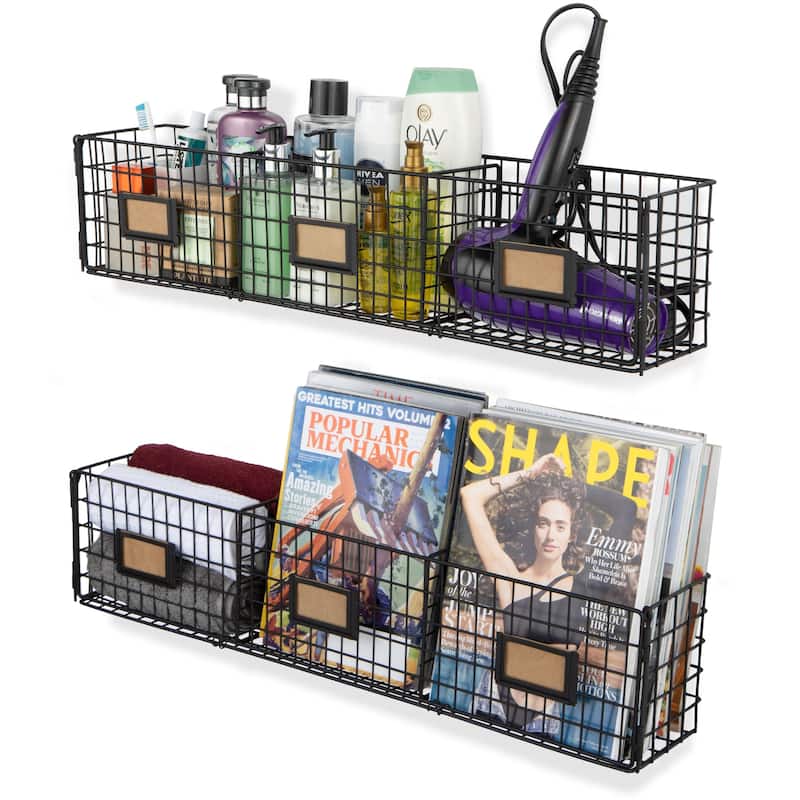 Metal Wall Basket, 3 Sectional Wall Organizer Rack, Set of 2, Black