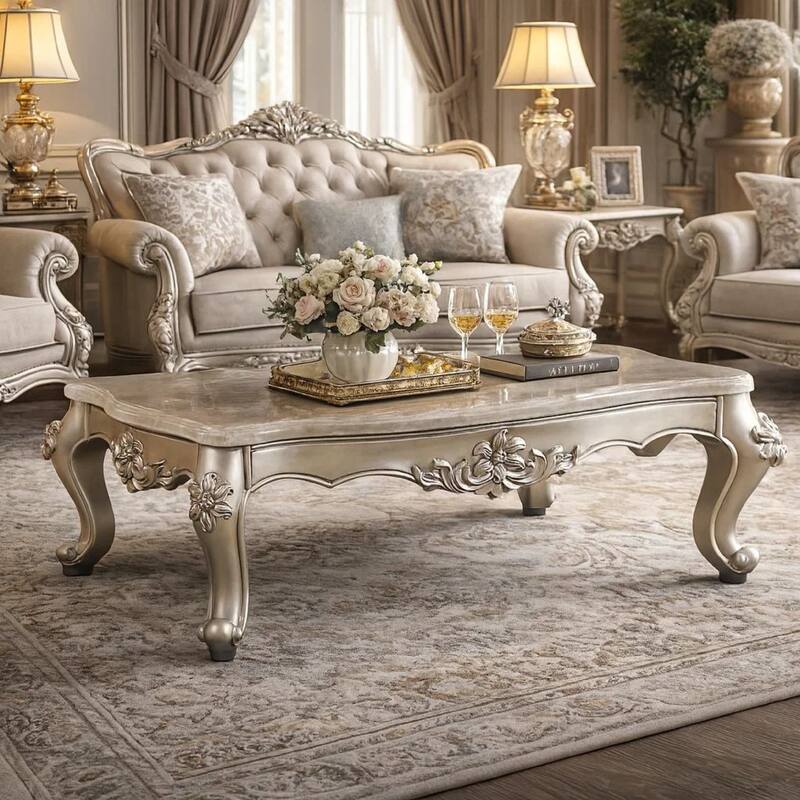 Traditional Style Rectangular Wood and Marble Coffee Table, Silver