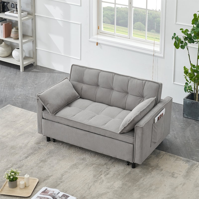 54.3'' Modern Corduroy Upholstered Convertible Sofa Bed with Side Pocket and Pillows