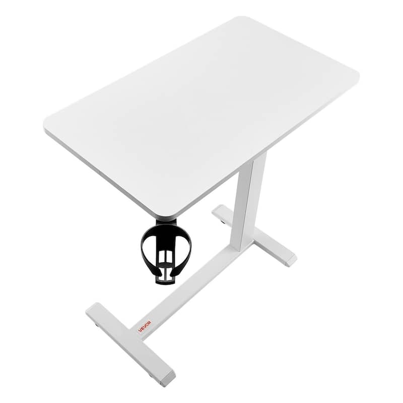 White Wood Hydraulic Adjustable Overbed Table with Tilting Top and Cup Holder