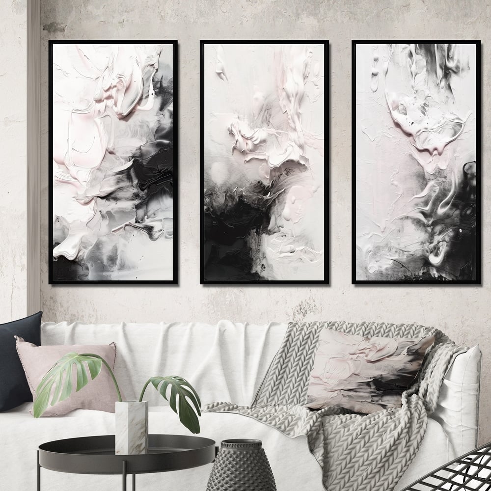 Designart "White Twist Watercolor IV" Abstract Painting Framed Wall Art Set Of 3 Frame Canvas Set For Living Room Decor