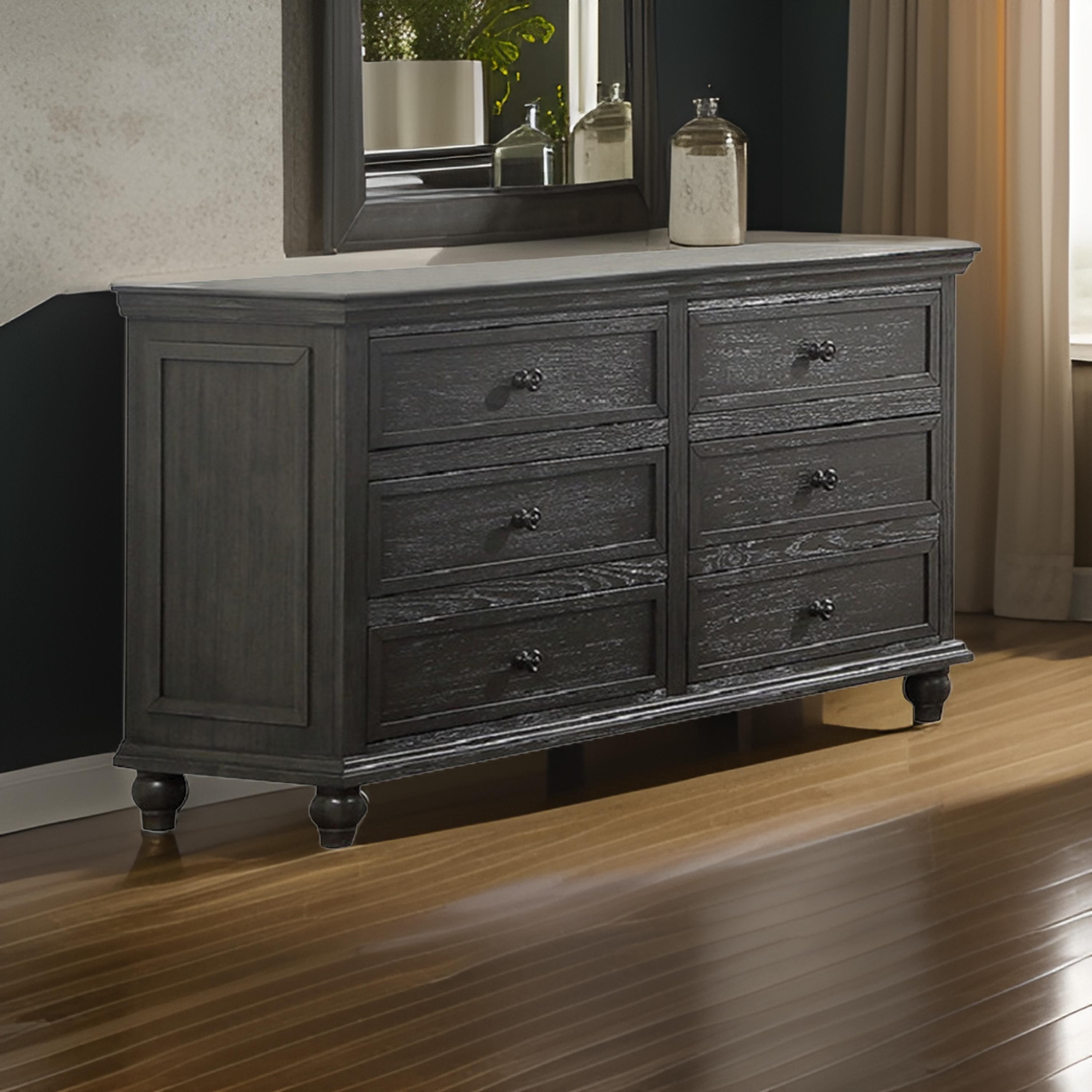 Zenny 58 Inch Wide Dresser with 6 Drawers, Metal Knobs, Farmhouse Gray Wood