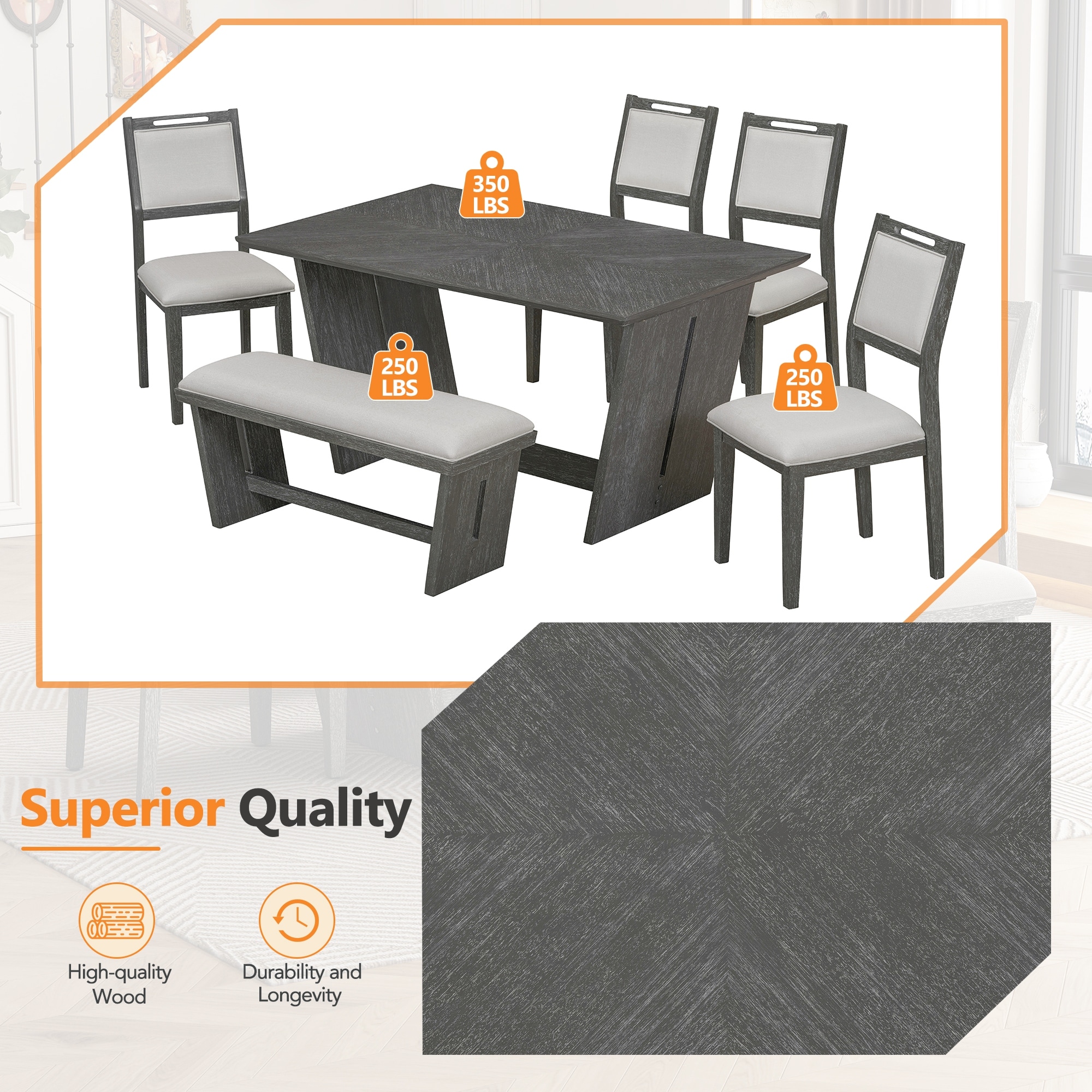 6-Piece Retro Dining Set with Trapezoidal Base, Upholstered