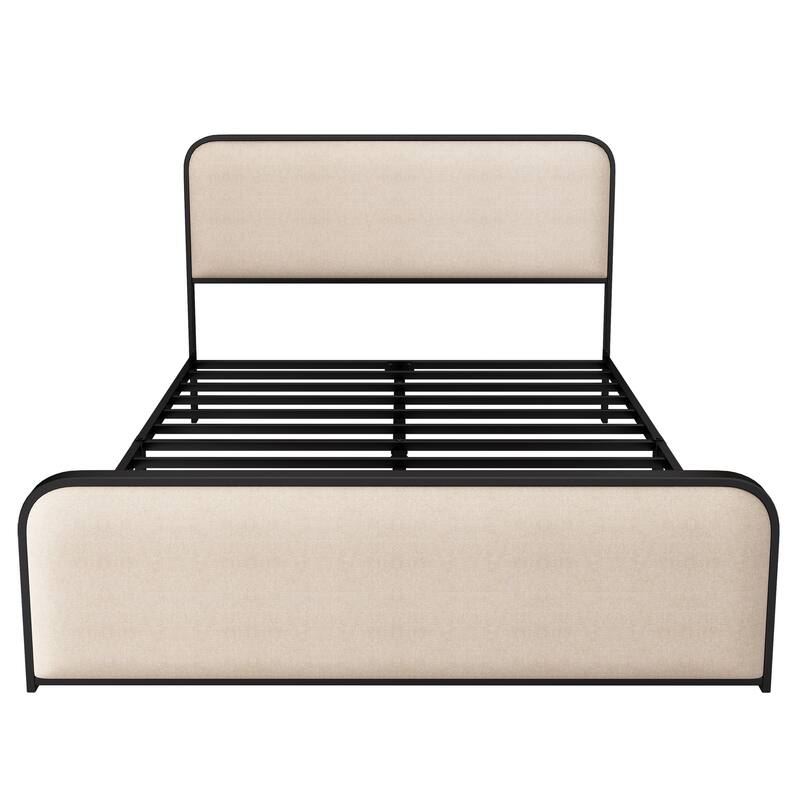 Queen Size Metal Bed Frame with Curved Upholstered Headboard