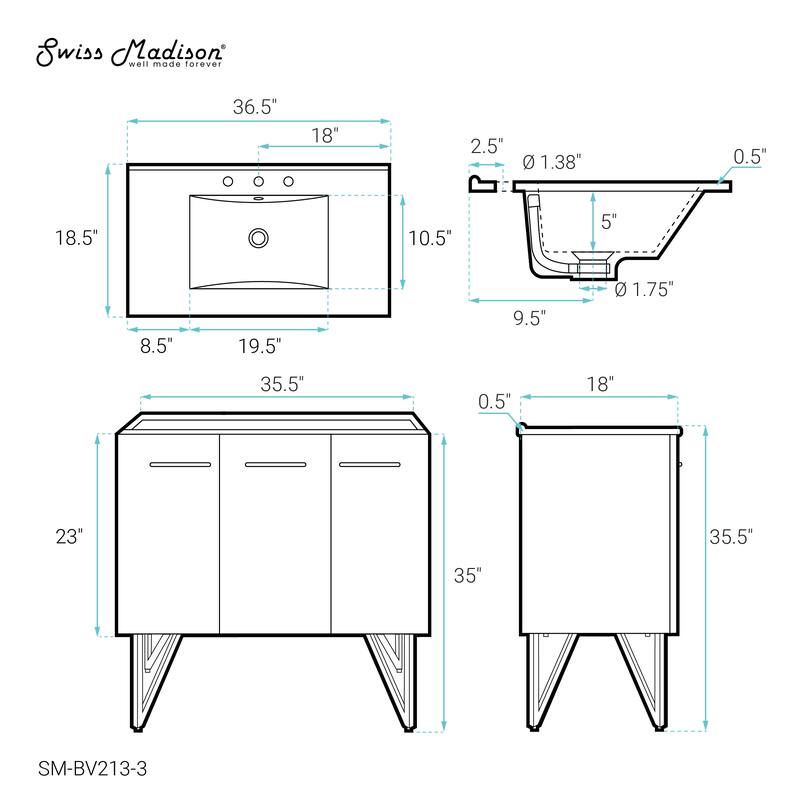 Annecy 36 In. White Bathroom Vanity With White, 3-Hole Ceramic Sink Top