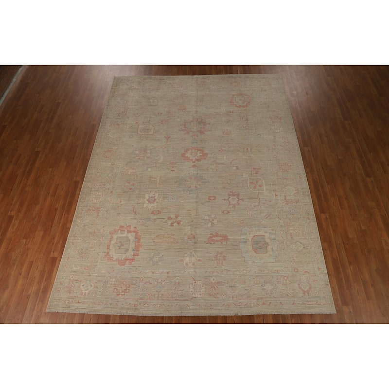 Hand Knotted Oriental 100% Wool Carpet Transitional All-Over Beige & Ivories Oushak Area Rug - 12' 0'' X 9' 0''