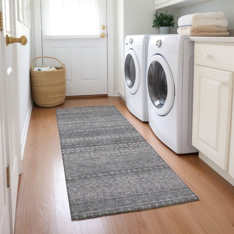 Machine Washable Indoor/ Outdoor Moroccan Stripes Chantille Rug - Gray - 2'3" x 7'6"