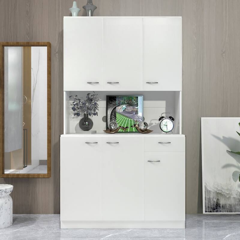 Modern Freestanding Kitchen Pantry Kitchen Cabinet with 6 Doors and 1 Drawer - White