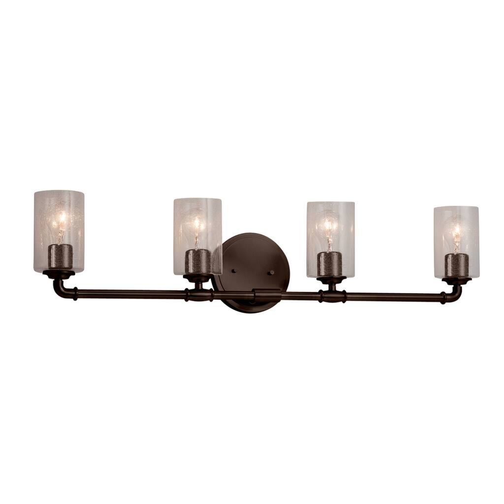 Justice Design Fusion Bronx 4-light Dark Bronze Bath Bar, Seeded Cylinder w/ Flat Rim Shade