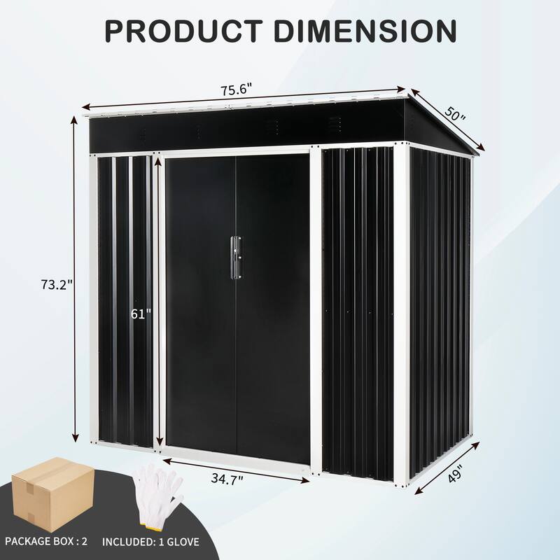 6 x 4 Ft Outdoor Storage Shed Black Galvanized Iron Garden Tool Organizer with Locking Sliding Doors - 75.6" x 49" x 73.2"