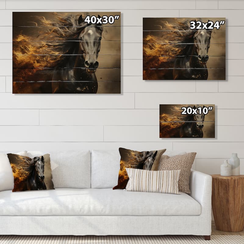 Designart "Black Yellow Horse Vibrant Gold Equine I" Animals Print on Natural Pine Wood