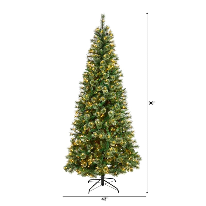 8ft Artificial Christmas Tree Pre-Lit Slim Pine Tree with Lights & Branches - Green - 96