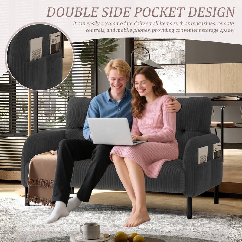 HOMEFUN Corduroy Upholstered Tufted Comfortable Wood Frame Loveseats Sofa with Double Side Pocket