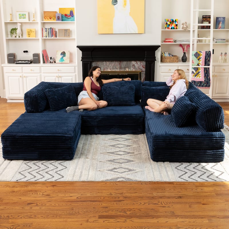 Jaxx Unsofa Modular Convertible Sectional Sofa with Fold Out King Sleeper Bed - U-Shaped Sectional. - Faux Fur Midnight Blue