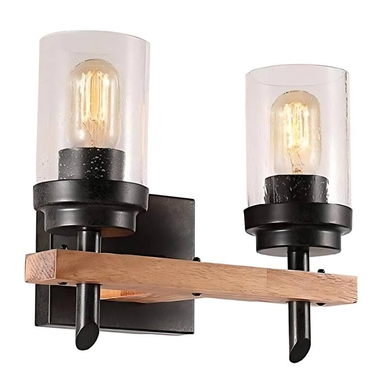 2-light Modern Wood Accents Wall Sconce With Seeded Glass Shade