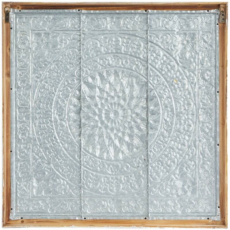Brown Metal Embossed Mandala Scroll Floral Home Wall Decor with Gray Backing and White Wood Frame