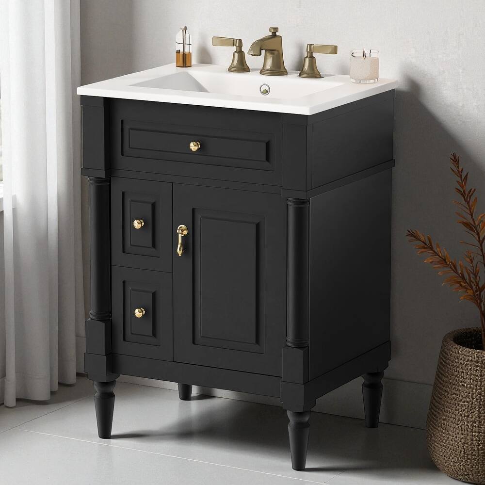 24" Freestanding Bathroom Vanity with Ceramic Sink, Solid Rubberwood Frame, Flip Drawer & Adjustable Shelf
