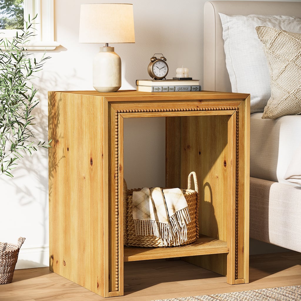 Solid Wood End Table, 2-Tier Side Table with Storage Shelves, Nightstand for Living Room, Bedroom