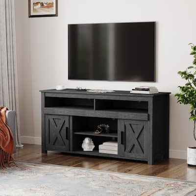 Barn Door Wood TV Stand Media Console with Open Shelves