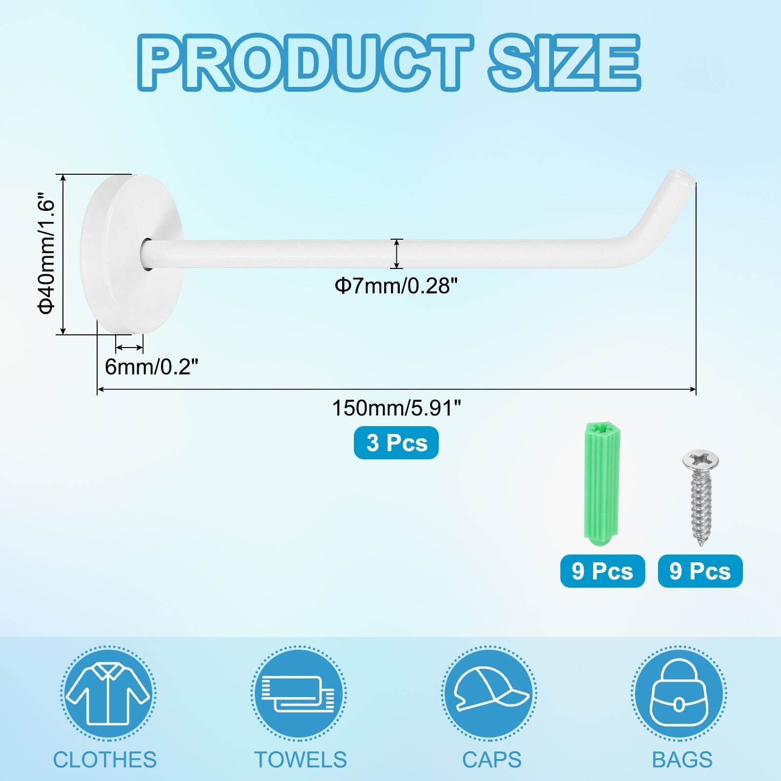 3Pcs Stainless Steel Coat Hooks, 2x0.3" Elephant Nose Hooks, Silver