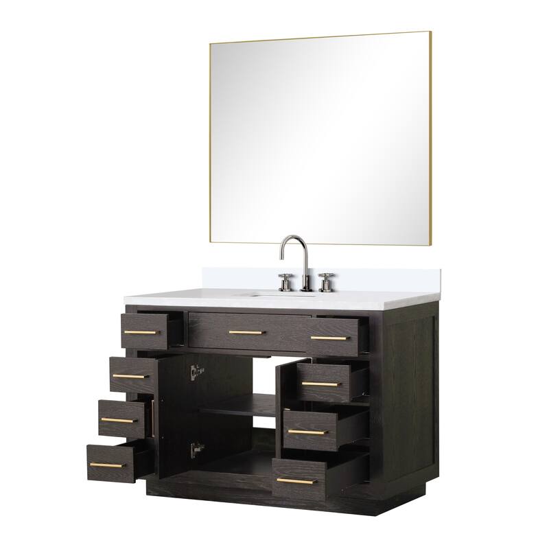 Abbey 48 in W x 22 in D Black Oak Single Bath Vanity, White Quartz Top, Faucet Set, and 46 in Mirror