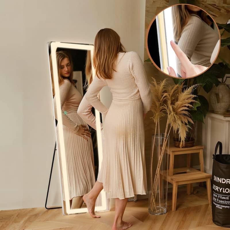 Rectangle Aluminum Alloy Frame Full Length Mirror with Stand & Dimmable 3-Color Lighting for Bedroom Cloakroom - 60"L x 16"W