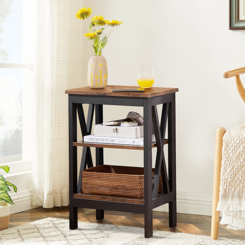 3-tier X-Shape End Table Open Storage Rack Can Be Used as End Table Nightstand for Living Room Bedroom Entrance - Brown