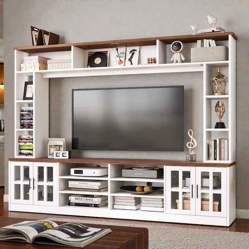 95.5" Wall Unit Entertainment Center TV Stand with Bookshelves, Storage Cabinets and Glass Doors for 80 Inch TV - White
