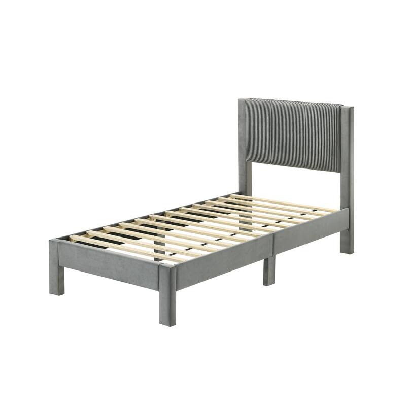Contemporary Plush Upholstered Twin Bed with Ribbed Headboard, Low-profile Frame, Light Gray