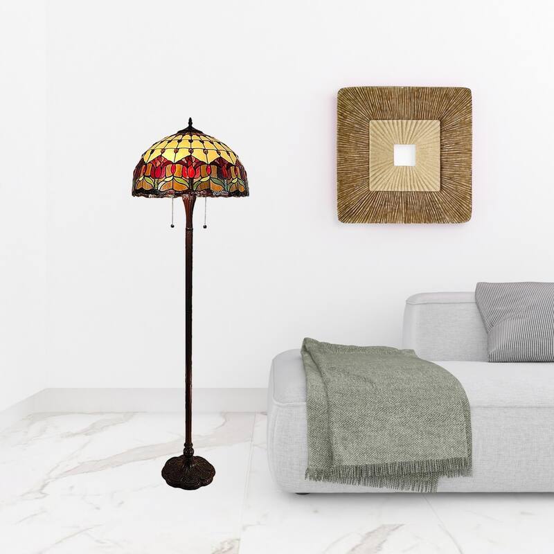 Espresso Metal Traditional Floor Lamp with Red Stained Dome Glass Shades - 18” x 18” x 62” (D x W x H)