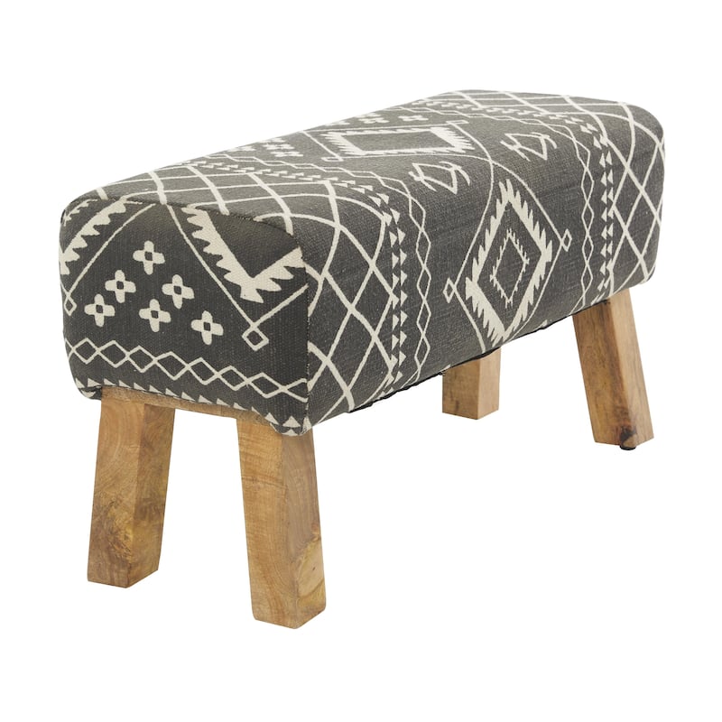 Fabric Tribal Upholstered Home Bench with Wood Legs - Black - Roche River Decor