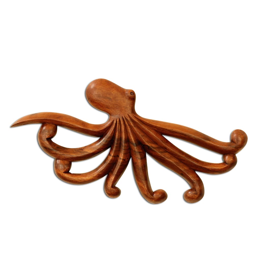 Wooden Octopus Wall Decor Plaque Hanging Sculpture Hand Carved Home Accent Handcrafted Handmade Seaside Tropical Nautical Ocean