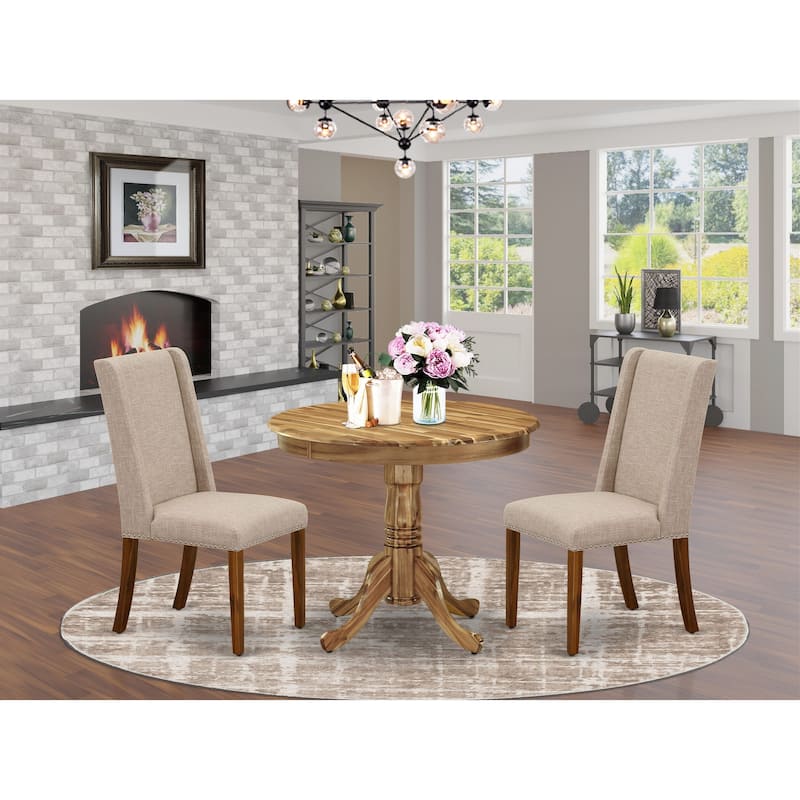 East West Furniture 3 Piece Dining Room Furniture Set- A Round Kitchen Table and 2 Linen Fabric Dining Chairs, (Finish Options) - ANFL3-ANA-04