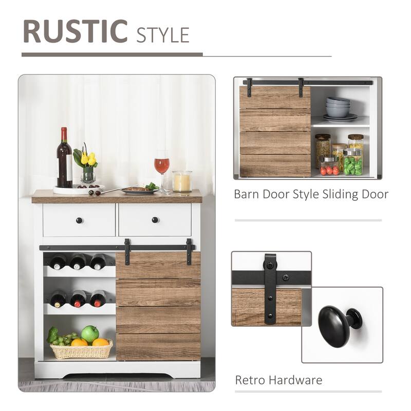 Farmhouse Coffee Bar Cabinet, Barn Door Wine Cabinet with Storage, Sideboard Buffet Cabinet with Wine Racks for Kitchen, White