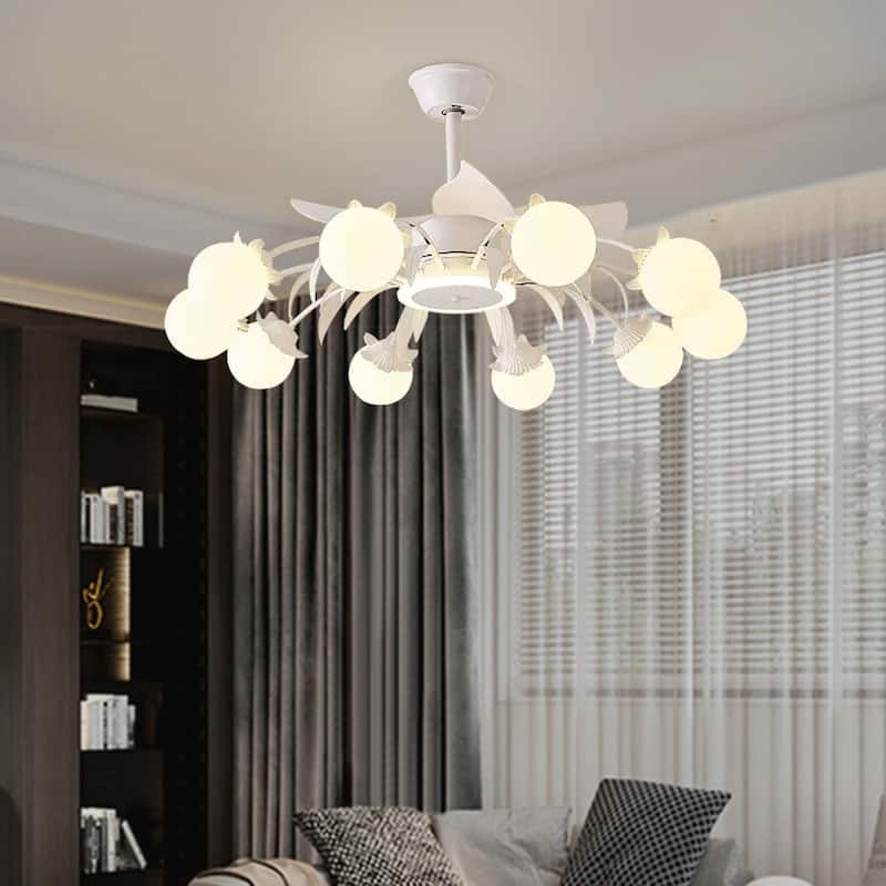 Indoor Chandelier Ceiling Fan with Light and Remote, Beige Fandelier with Milky Globe Shade for Bedroom