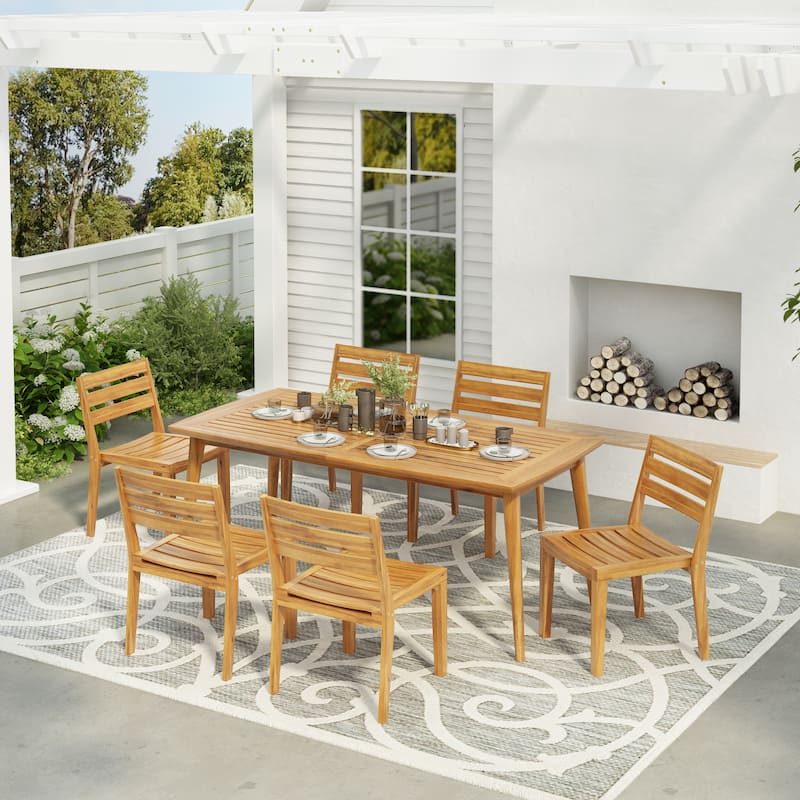 Christopher Knight Home - Teak Finish 7-Piece Outdoor Acacia Wood Dining Set with Slat Chairs - Teak Finish