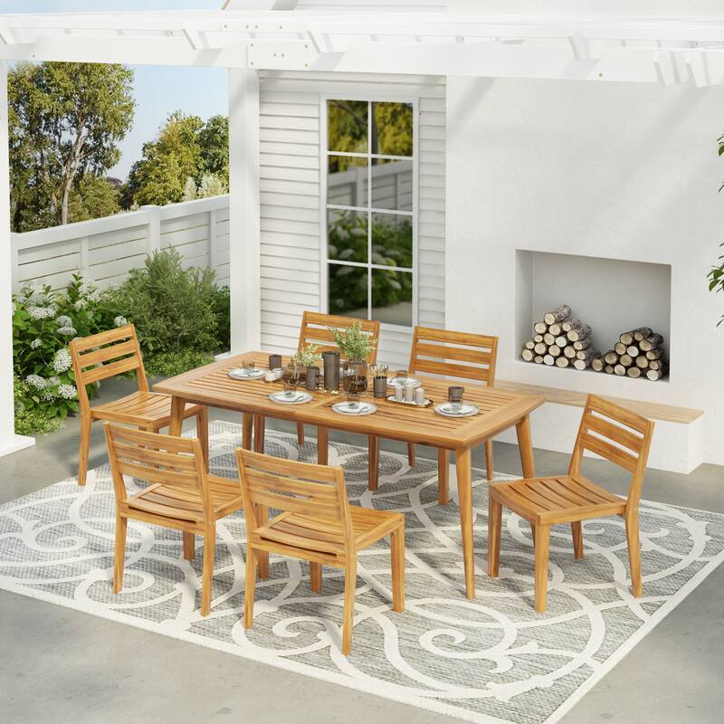 Outdoor 7 Pieces Rustic Patio Acacia Wood Dining Set, Teak - Teak