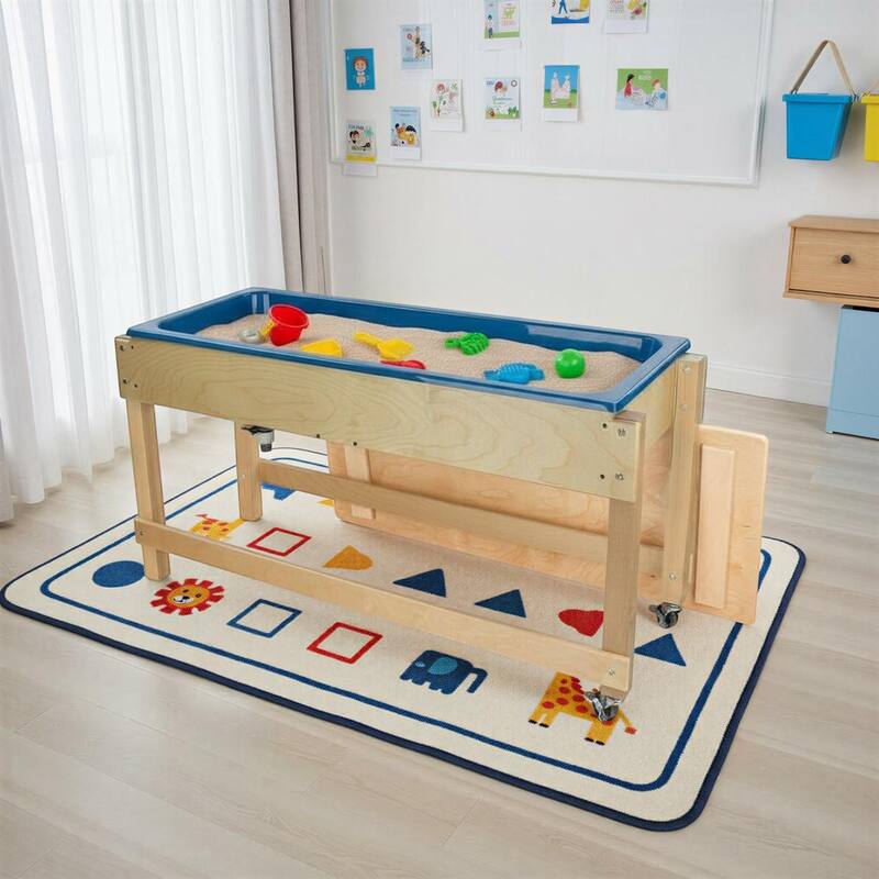 Kids Double Tub Sensory Table with Lid & Dual Drains - Birch Wood Indoor Play Activity Table
