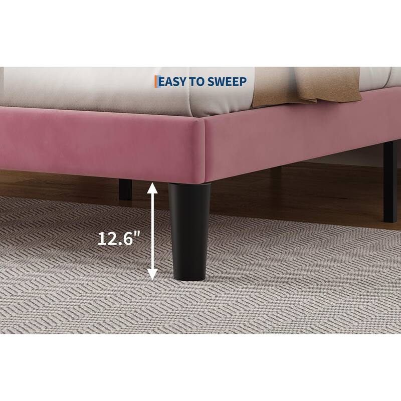 Bed Frames, Velvet Upholstered Bed Frame with Vertical Channel Tufted & Sturdy Wood Slats