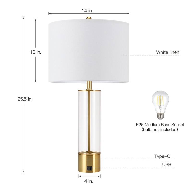 3-Way USB Table Lamp Set of 2 with White Shades - 25.5 in. H