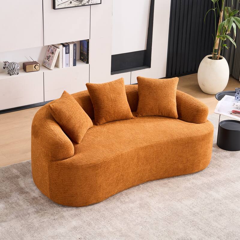 Chenille Deep Seat Loveseat Sofa, Full Compression Sponge Curved Loveseat Sofa, Cloud Floor Couch with 3 Pillows